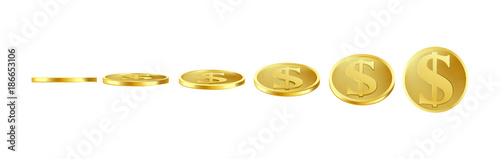 3D vector gold coins in six different views, front and side, at various tilt angles, isolated on white background. Ready sprite for object animation. Realistic icon of metal dollar with S symbol