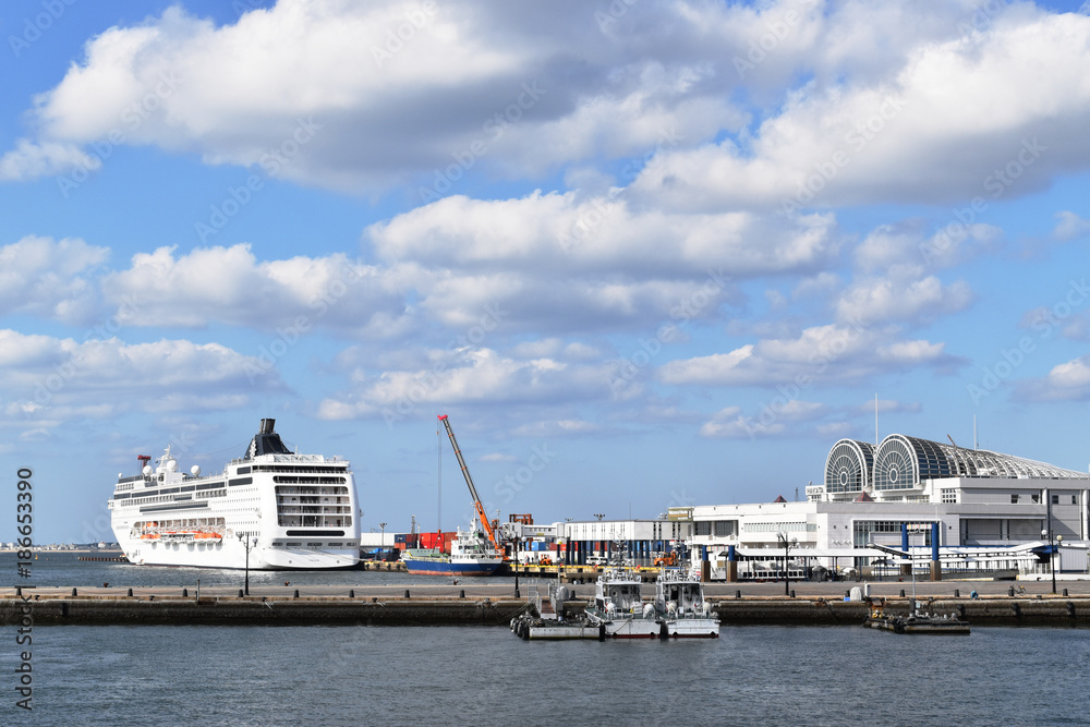 福岡市博多埠頭 停泊する外国クルーズ客船の見える港の景色