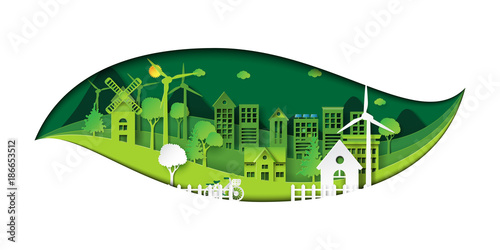 Green eco city and environment conservation concept design with leaf shape of paper art style.Vector illustration.