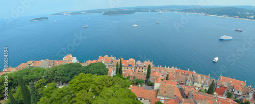 Panorama of Rooves  of the old Town of Rovinj  terracotta tiles and satellite  dishes. looking towards Amarin. photo