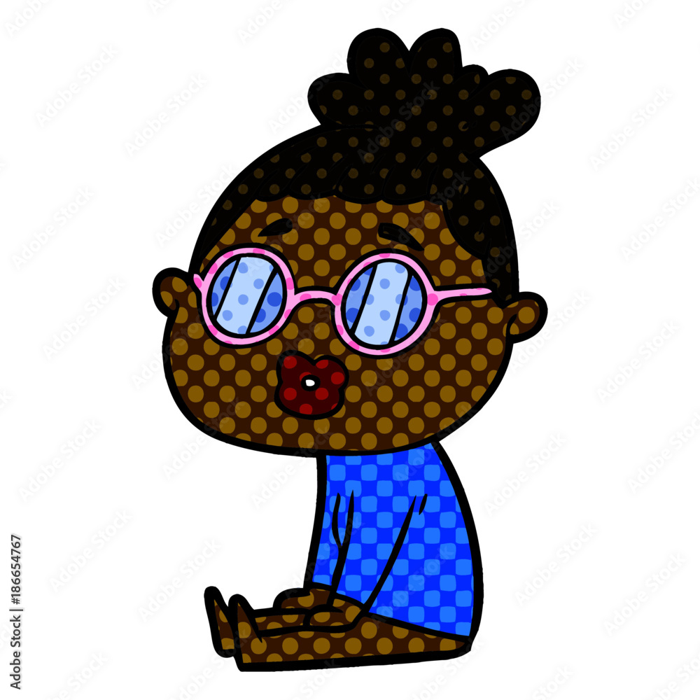 cartoon sitting woman wearing spectacles