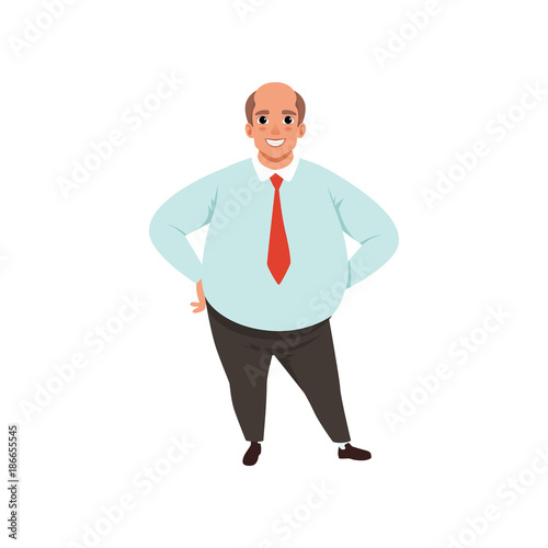 Fat adult man with bald head. Cartoon male character in formal clothing blue shirt, red tie and black trousers. Office worker concept. Isolated flat vector design