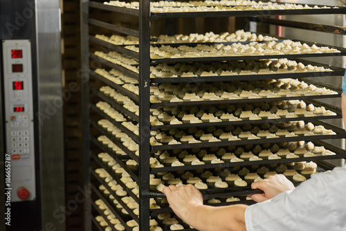 Great ammount of black shelves, full of identical little creamy cakes from raw dough, ready for later preparation.The baker delivers them to the fridge, which is on the background. photo