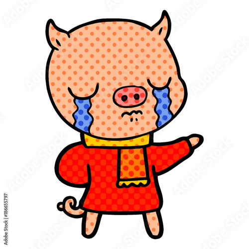 cartoon crying pig wearing scarf