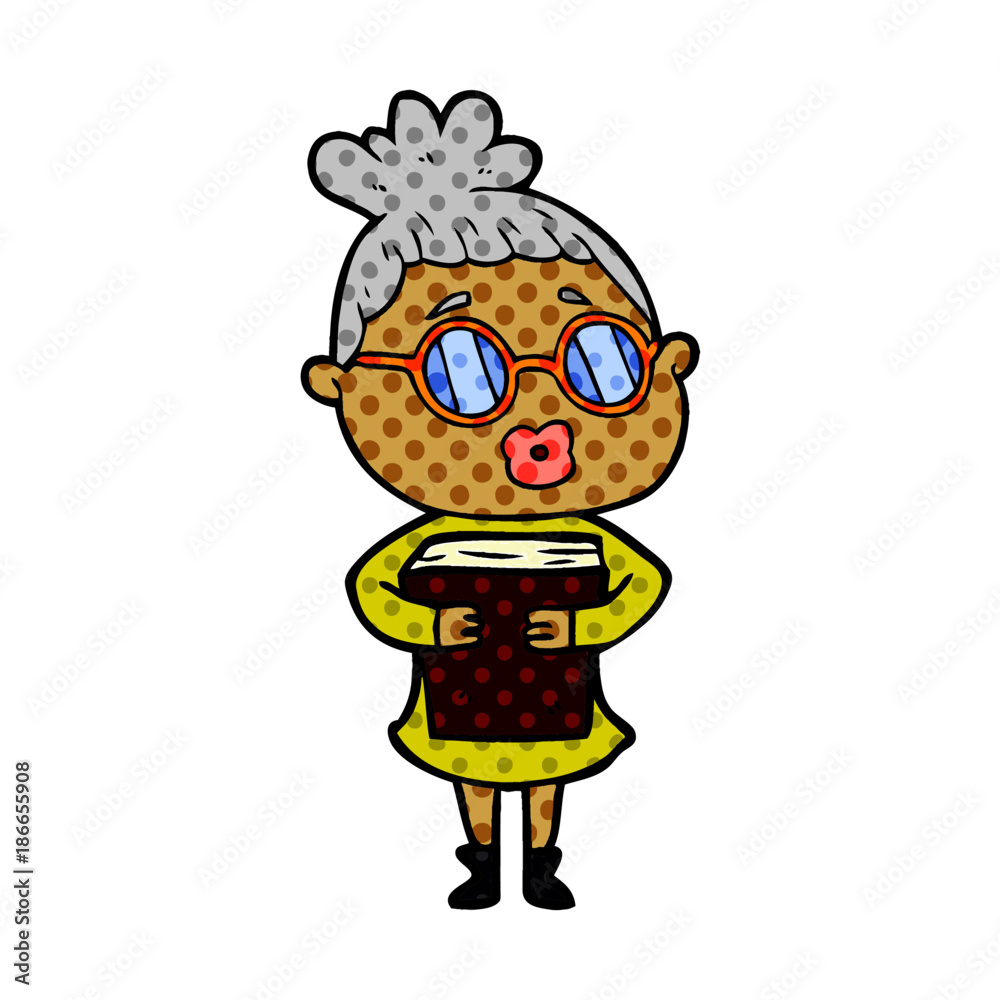 cartoon woman with book wearing spectacles