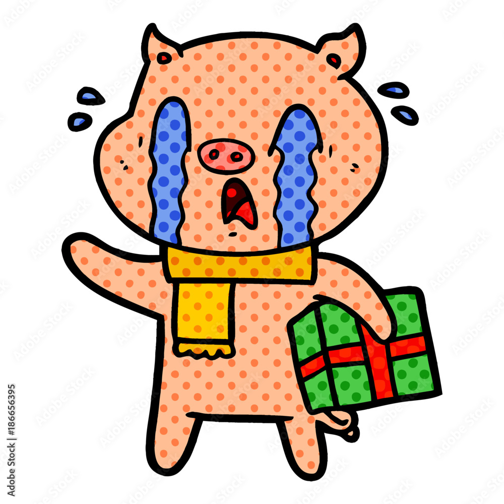 Naklejka premium crying pig cartoon delivering christmas present