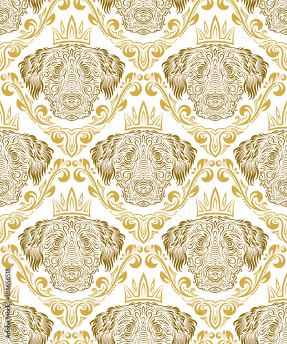 Vintage seamless pattern of repeating dog muzzle in floral ornament with crown. Gift wrapping for Chinese New Year 2018. Holiday wallpaper.