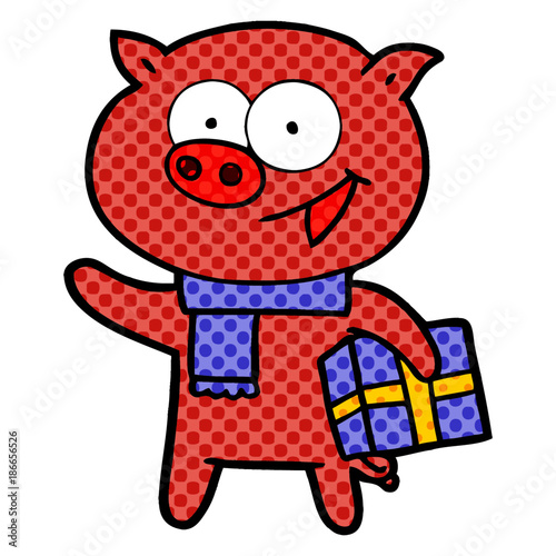 cheerful pig with christmas gift