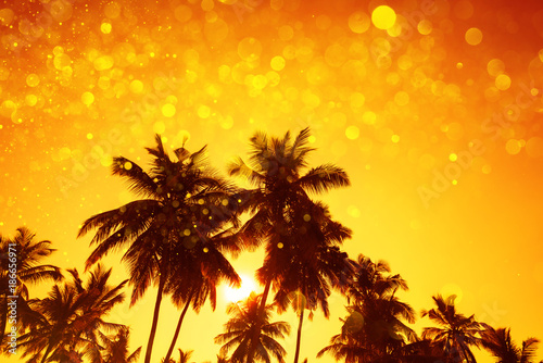 Palm trees silhouettes at sunset with party gold glitter lights bokeh overlay effect