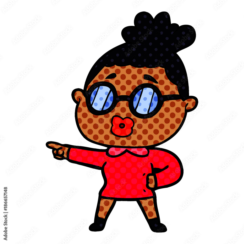 cartoon pointing woman wearing spectacles