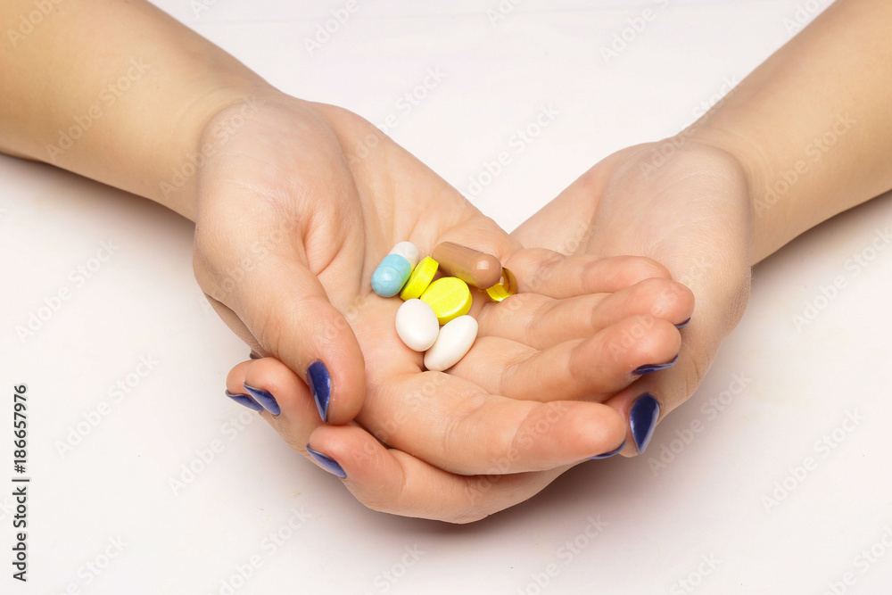Medical tablets in hands isolated white background. Medical tablets in hands isolated white background.