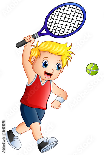 Cute little boy playing tennis on a white background