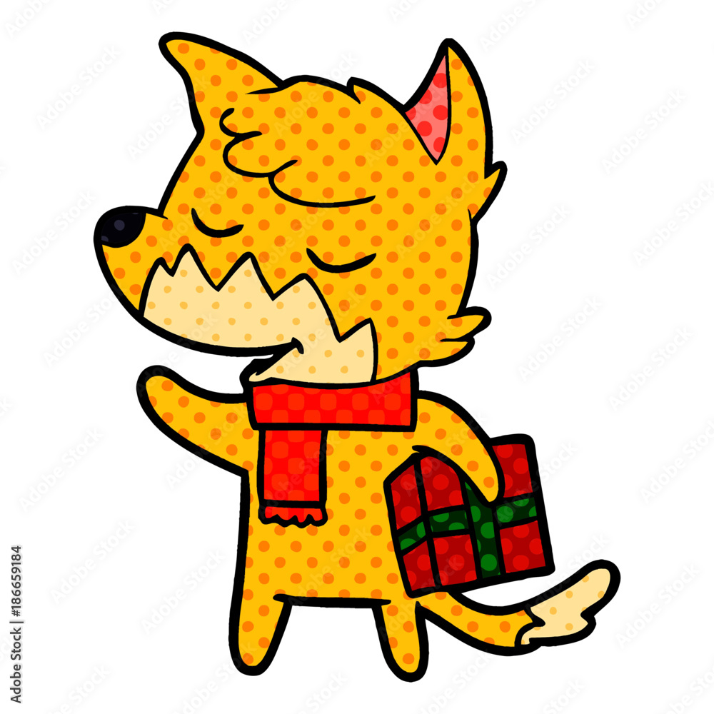 friendly cartoon fox with christmas present friendly cartoon fox with christmas present