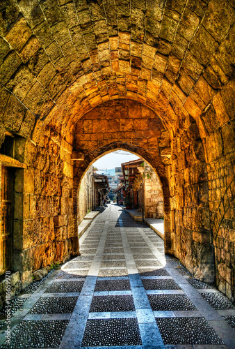 Arch view to Jbail market and street, Lebanon
