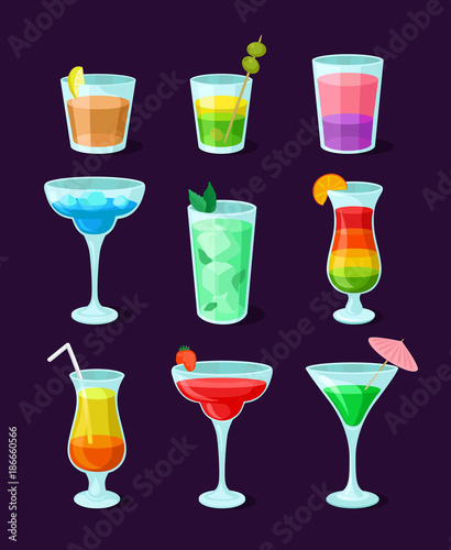 Set of different alcoholic cocktails, summer drinks vector Illustrations