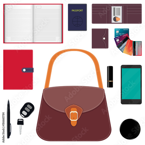 Woman s handbag and contents. Diary, wallet, bank cards, pen, smartphone, passport, car keys, lipstick, powder. Vector illustration.
