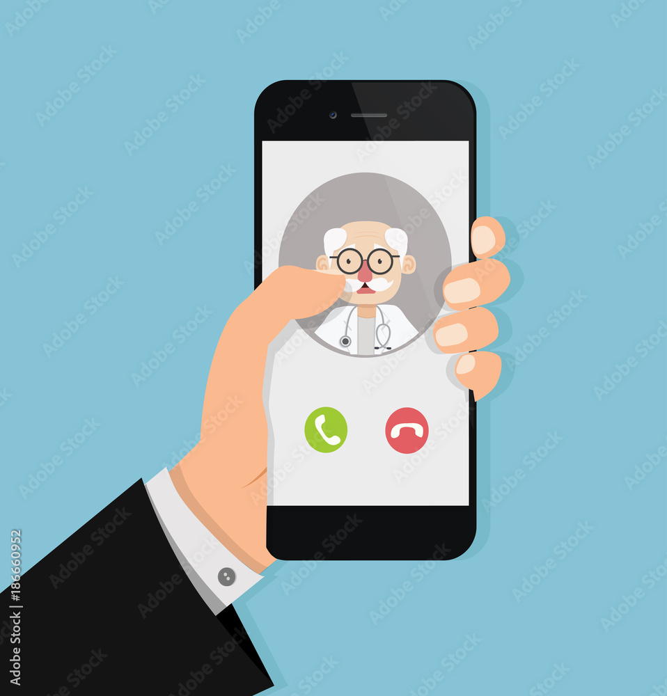 Hand holding smartphone with old doctor on call Hand holding smartphone with old doctor on call