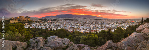 View of Acropolis from Filopappou hill at sunrise, Greece.    © milangonda