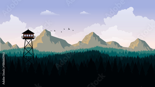 Vector Art Landscape with Fire Lookout Tower photo