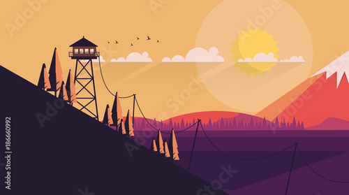 Vector Flat Art Landscape with Fire Lookout Tower