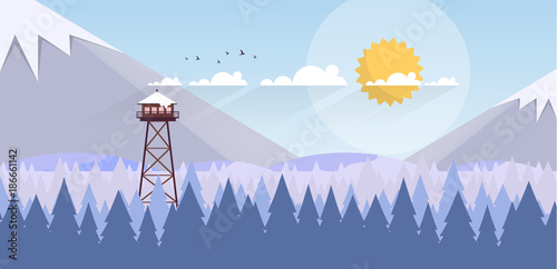 Vector Art Winter Landscape with Fire Lookout Tower