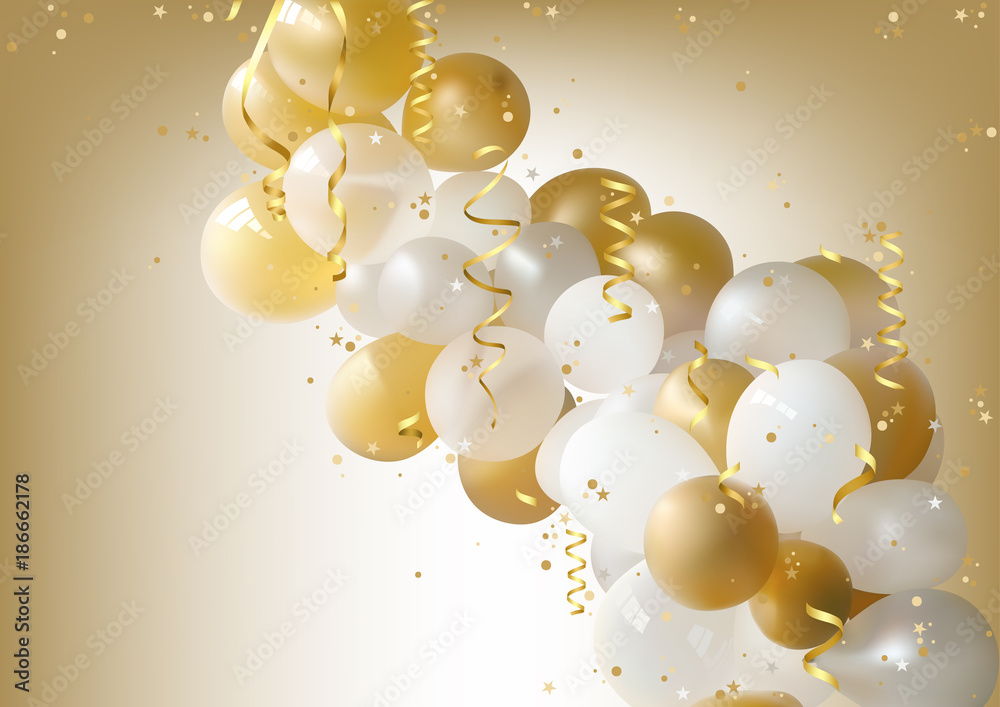 White and Gold Party Balloons with Falling Confetti - Holiday Background  Illustration, Vector Stock Vector | Adobe Stock
