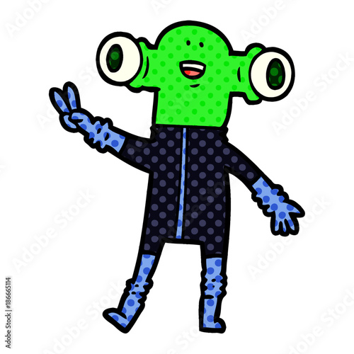 friendly cartoon alien giving peace sign