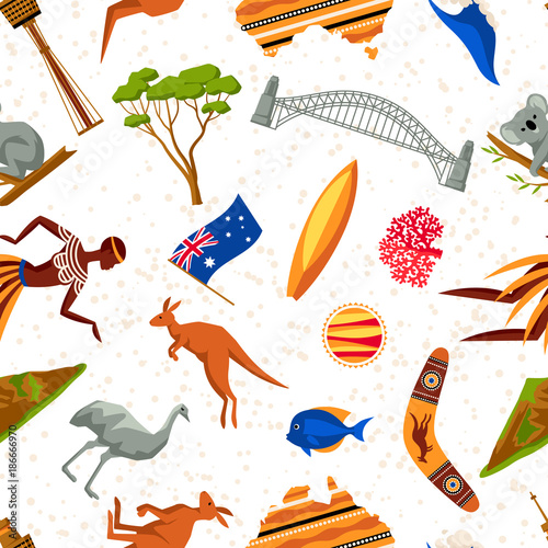 Australia seamless pattern. Australian traditional symbols and objects