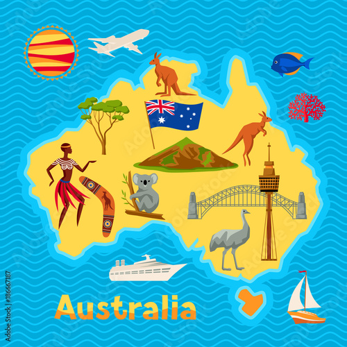 Australia map design. Australian traditional symbols and objects