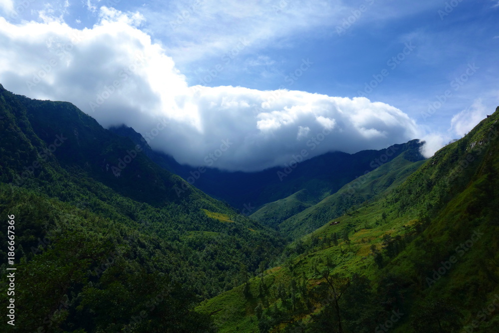 Bach Moc Luong Tu mountain, located in Bat Xat, Lao Cai, Vietnam. Sea of cloud. Traveling theme.