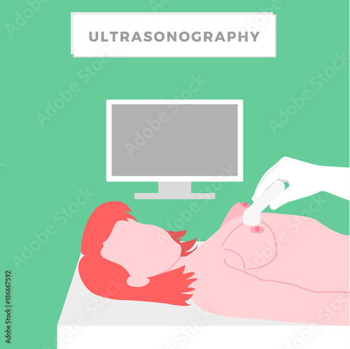 Breast Cancer Diagnostic. Ultrasonography. Medicine, pathology, anatomy, physiology, health. Vector illustration. Healthcare poster or banner template.
 photo