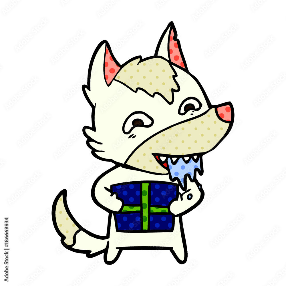 cartoon hungry wolf holding christmas present