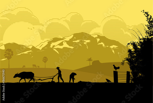 Silhouette of Thai farmers ploughing the paddy field, Vector