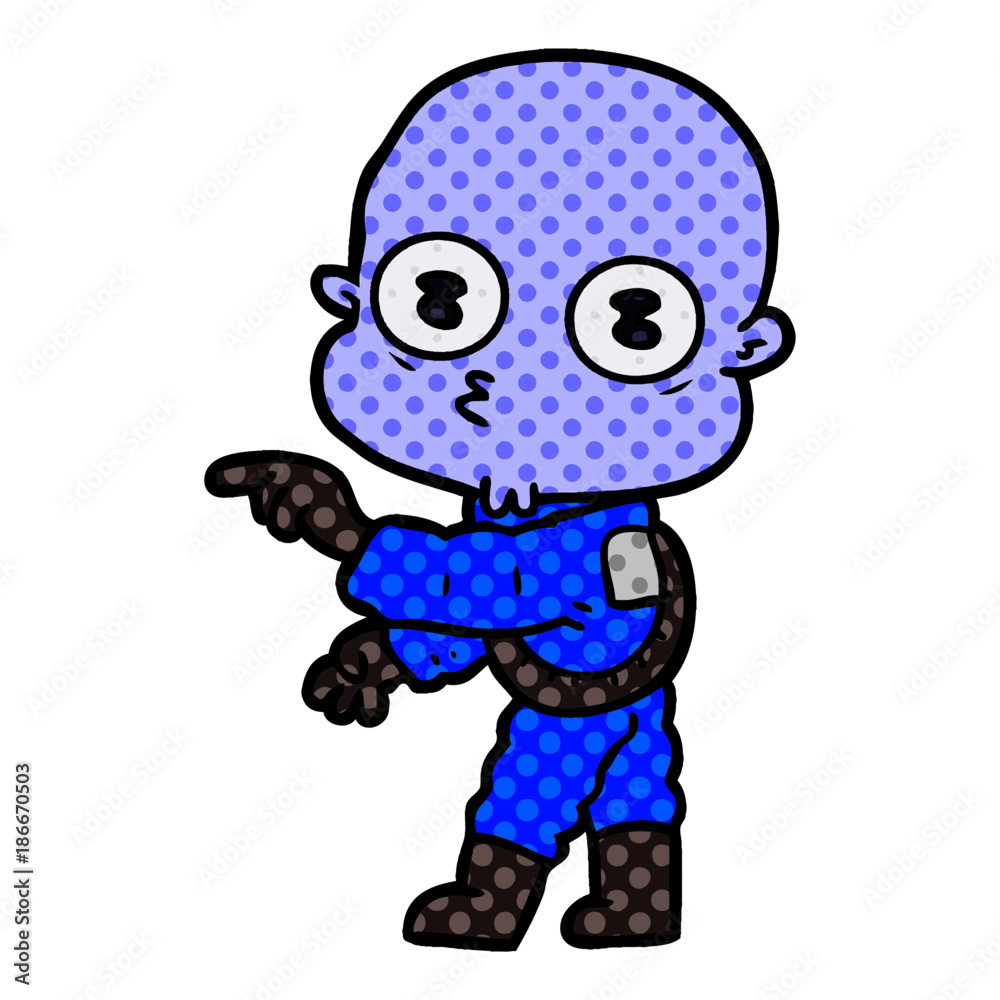 cartoon weird bald spaceman pointing