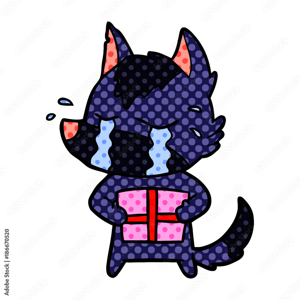 cartoon crying wolf with christmas present cartoon crying wolf with christmas present