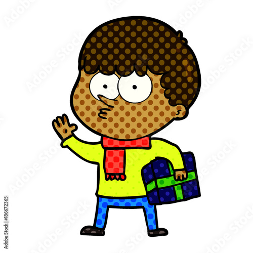 cartoon curious boy carrying a gift