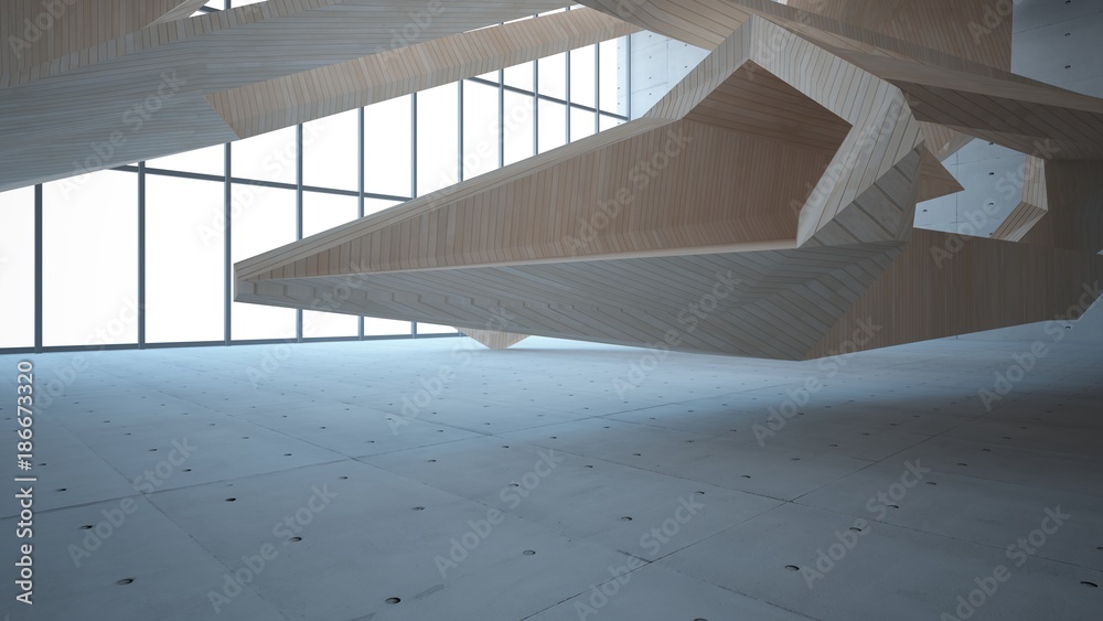 Fototapeta premium Abstract concrete and wood interior multilevel public space with window. 3D illustration and rendering.