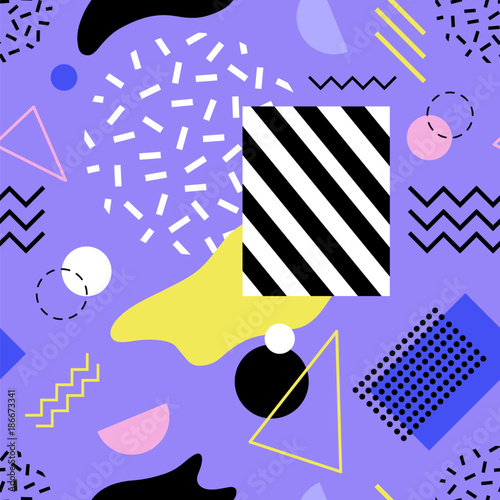 Colorful modern seamless pattern with lines and shapes of various texture on purple background