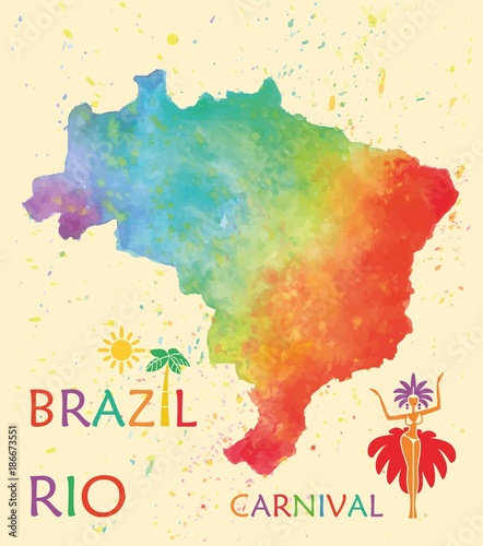 Hand drawn watercolor texture map of Brazil