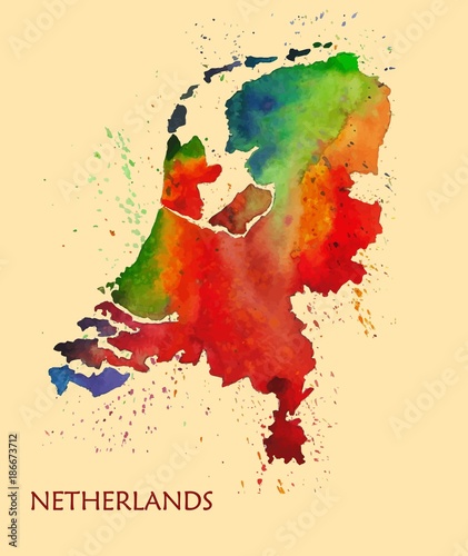 Hand drawn watercolor map of Netherlands.