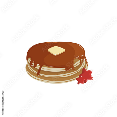 Pancakes with cream and syrup sweet holiday cake food. vector illustration