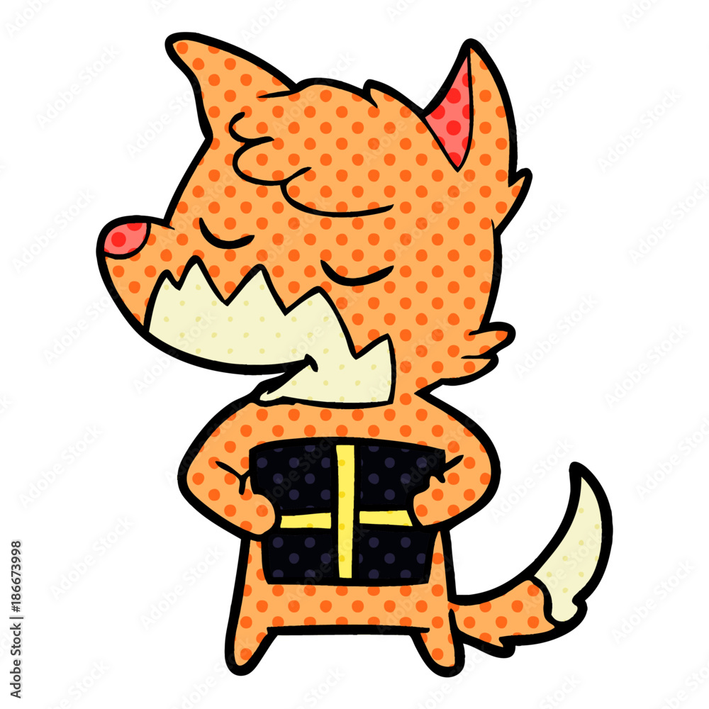 friendly cartoon fox with christmas present friendly cartoon fox with christmas present