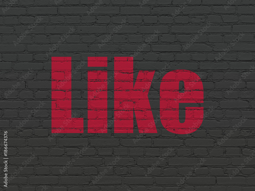 Social media concept: Painted red text Like on Black Brick wall background Social media concept: Painted red text Like on Black Brick wall background