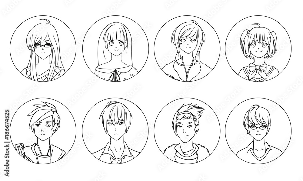 Collection of male and female anime or manga cartoon characters or avatars hand drawn with black contour lines on white background. Set of portraits of young men and women. Vector illustration. Collection of male and female anime or manga cartoon characters or avatars hand drawn with black contour lines on white background. Set of portraits of young men and women. Vector illustration.