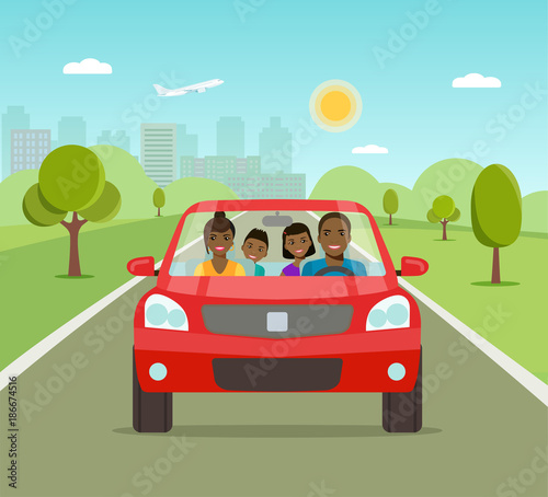 Funny afro american family driving in red car on weekend holiday. Vector flat style illustration.