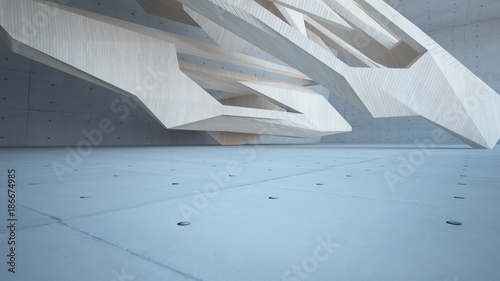 Abstract  concrete and wood interior multilevel public space with window. 3D illustration and rendering.