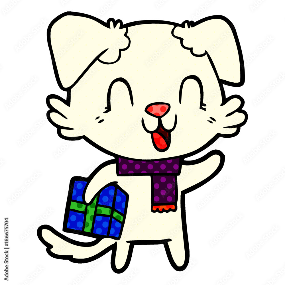 laughing cartoon dog with christmas present laughing cartoon dog with christmas present