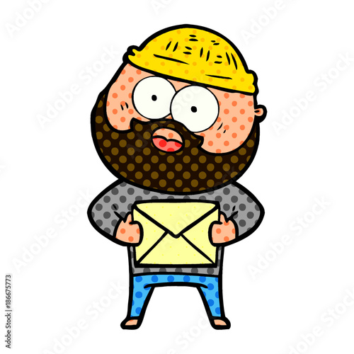 cartoon surprised bearded man holding letter