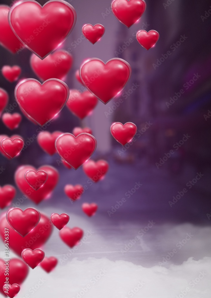 Shiny bubbly Valentines hearts with purple city misty background