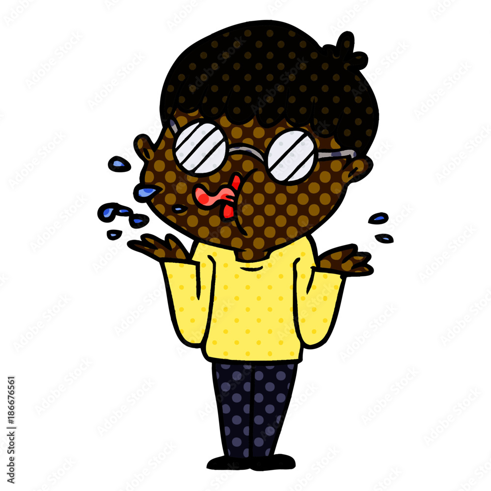 cartoon boy wearing spectacles shrugging shoulders cartoon boy wearing spectacles shrugging shoulders